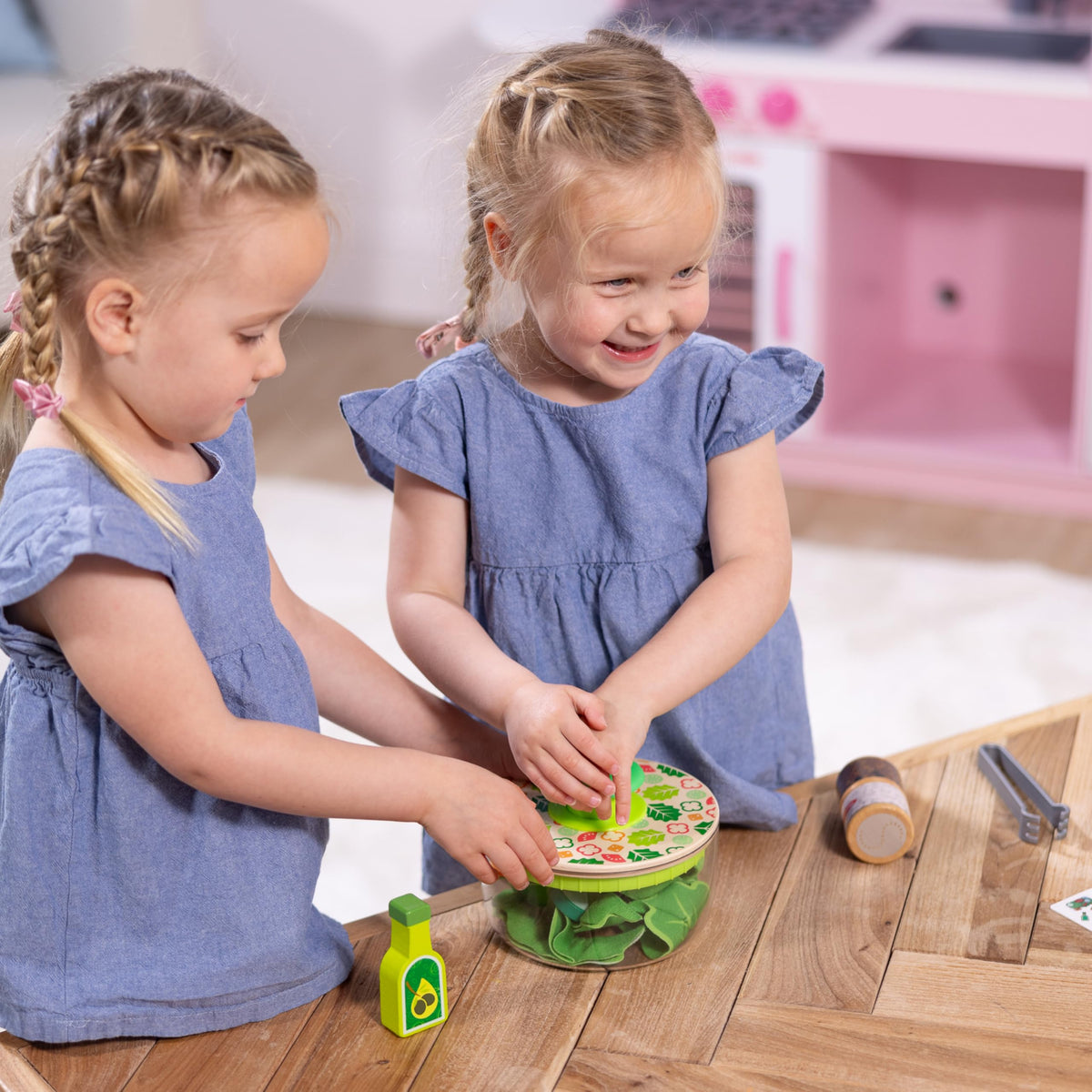 Melissa & Doug olive oil bottle adds a realistic finishing touch to meals
