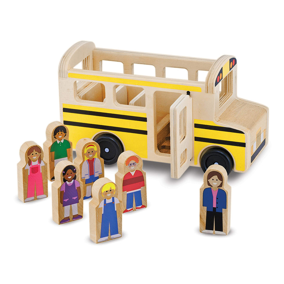 Melissa and Doug school bus wooden play set showcases the bus for imaginative rides