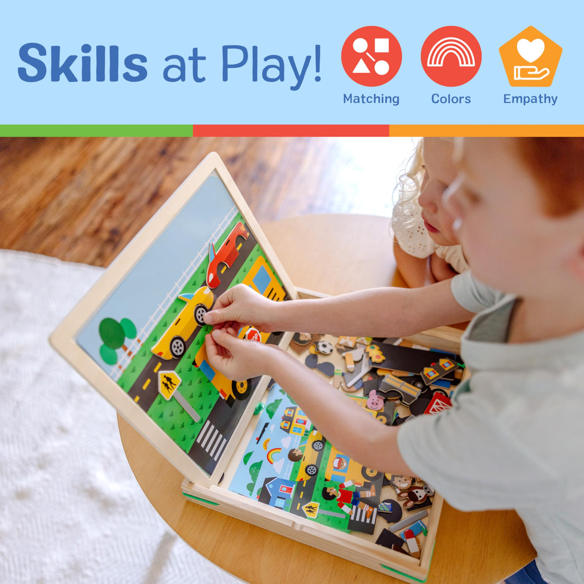 Melissa and Doug school scene magnets for matching challenges and problem solving.