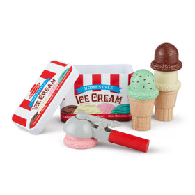 Melissa & Doug scoop and stack ice cream cone set with magnetic scooper for pretend play.