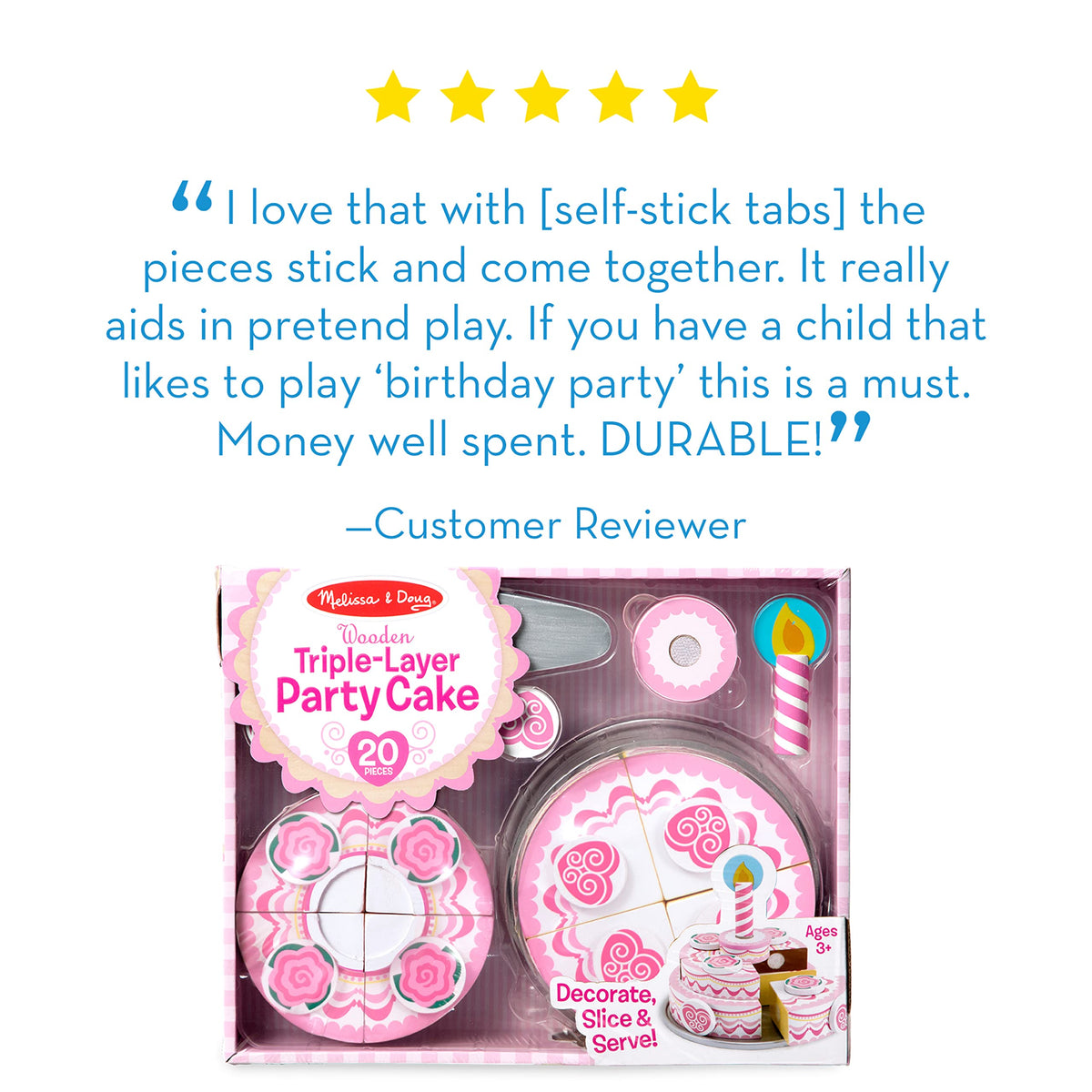 Self-stick tabs shown for easy assembly and teardown of cake sections.