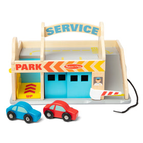 Melissa & Doug service station parking garage with two wooden cars for imaginative play