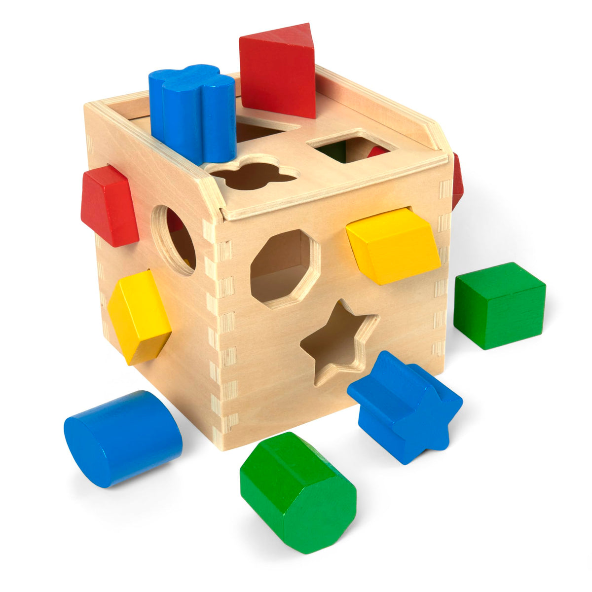 Melissa & Doug Shape Sorting Cube with 12 shapes promotes color and shape recognition during play.