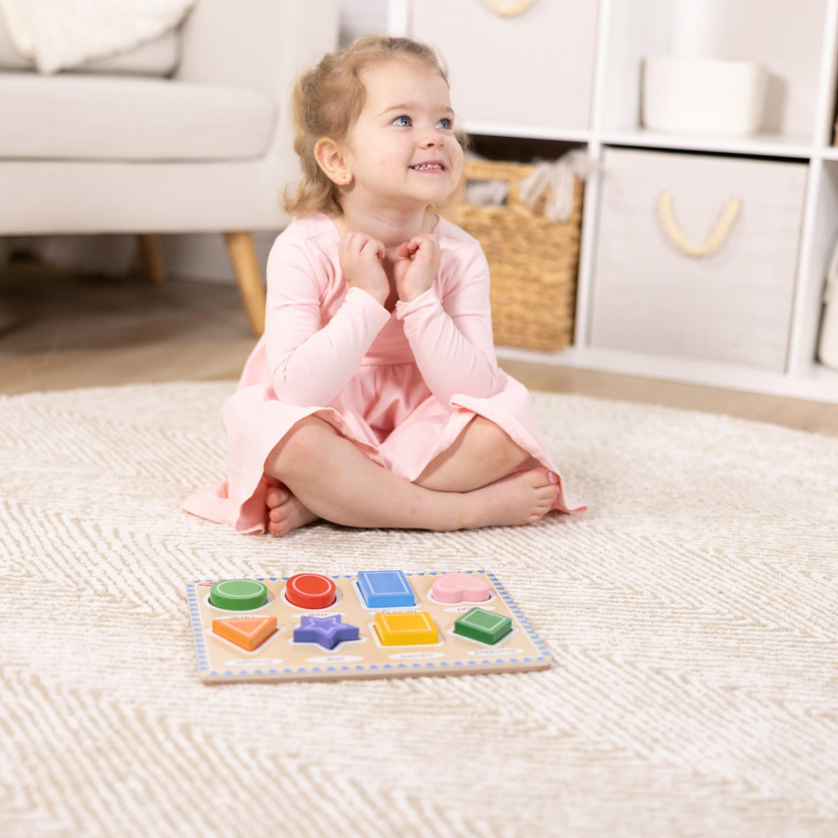 Melissa & Doug shapes puzzle includes eight shapes and printed names for quick learning