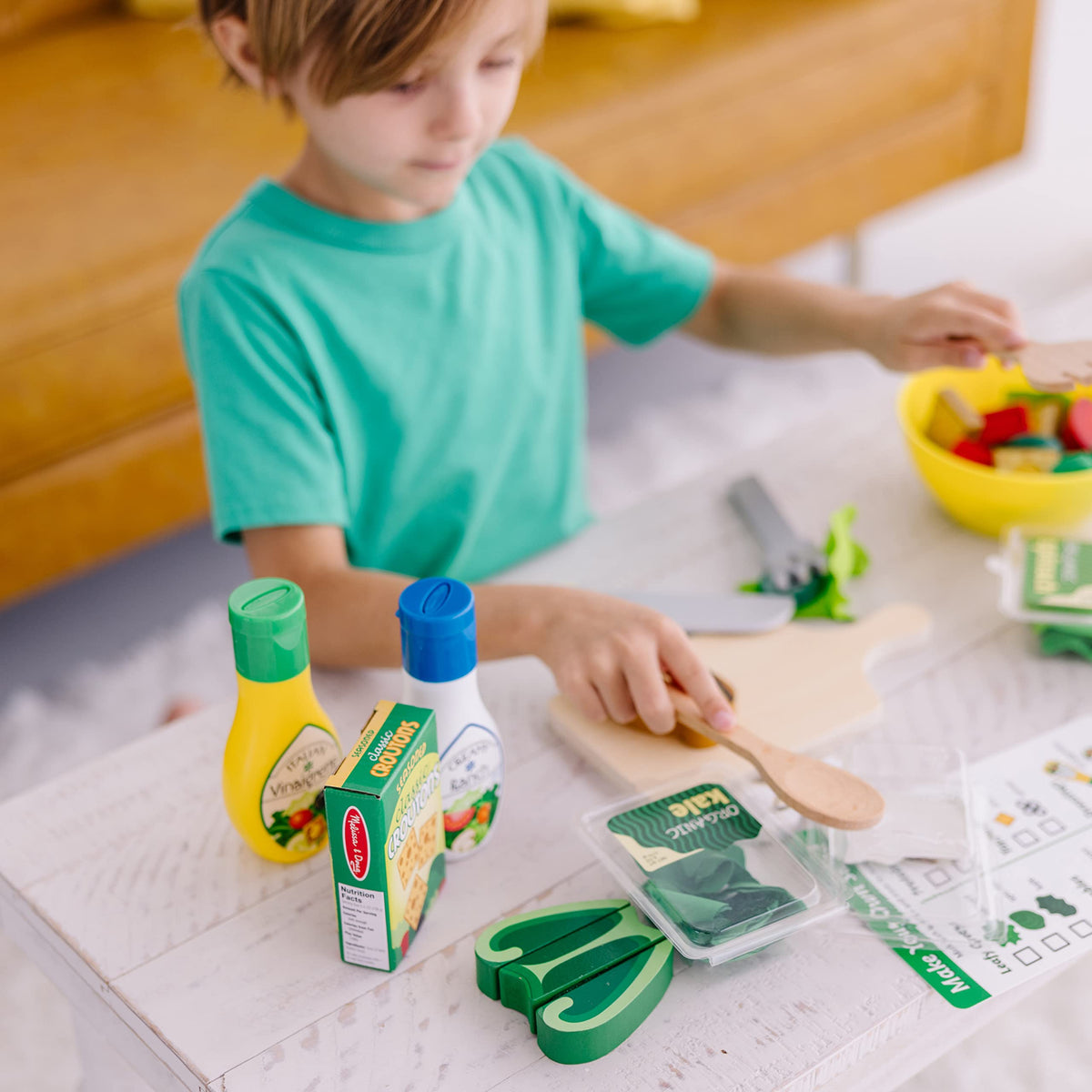 Melissa & Doug Slice & Toss Salad dressing bottles with playful string