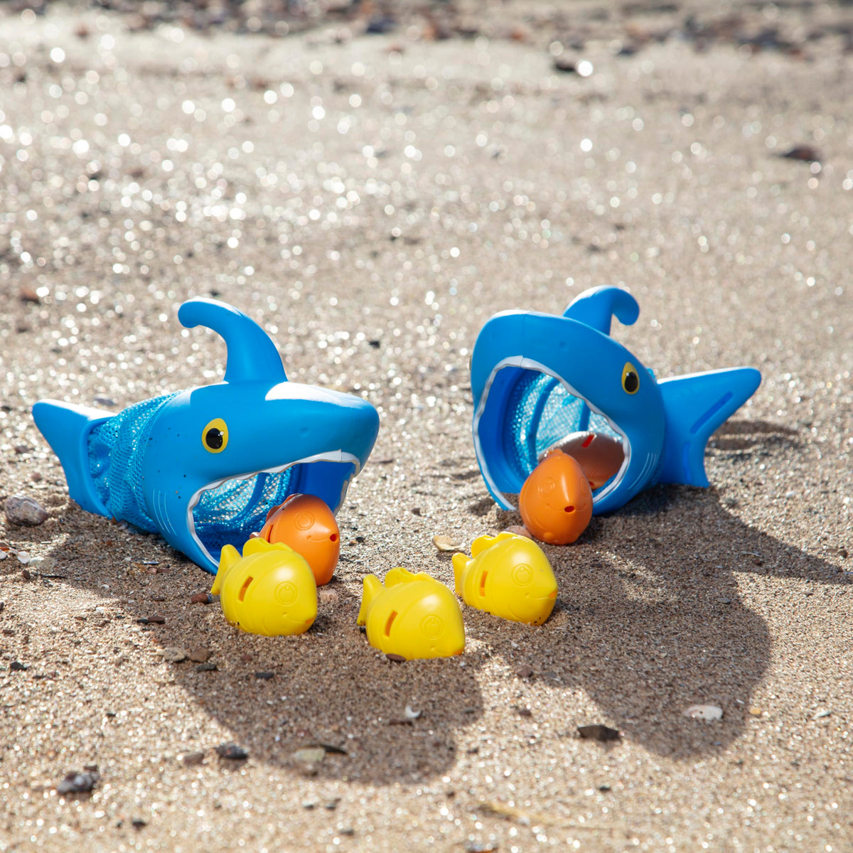Pool-side scene of Spark Shark catching fish.