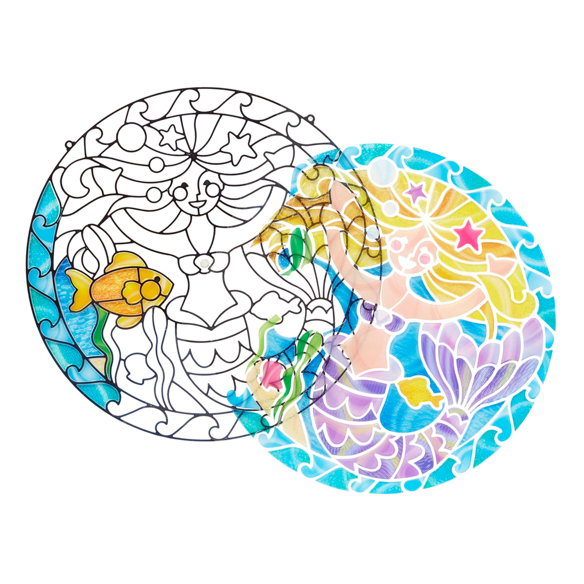 Melissa & Doug mermaid art completed in window light for luminous display