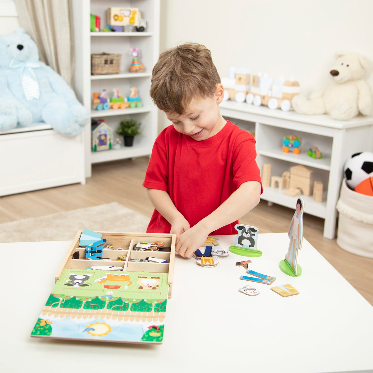 Storage tray with lid keeps pieces organized after Melissa & Doug play.
