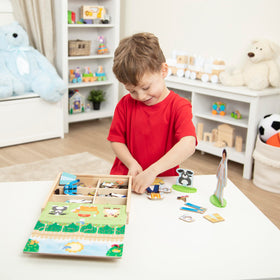 Storage tray with lid keeps pieces organized after Melissa & Doug play.