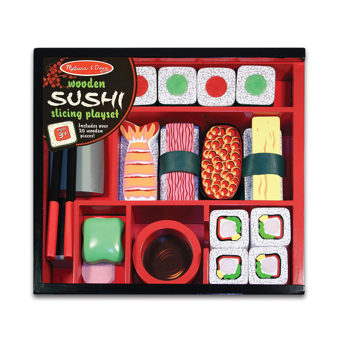 Melissa & Doug 24-piece set includes sushi rolls and rice pieces.