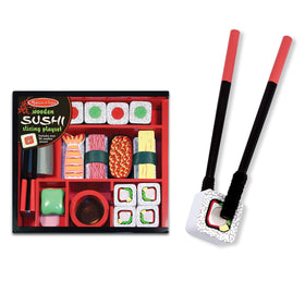 Melissa & Doug wooden knife enables safe slicing in pretend prep.
