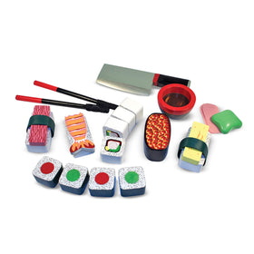 Melissa & Doug sushi slicing wooden rolls with self-stick tabs for realistic cutting and pretend play.