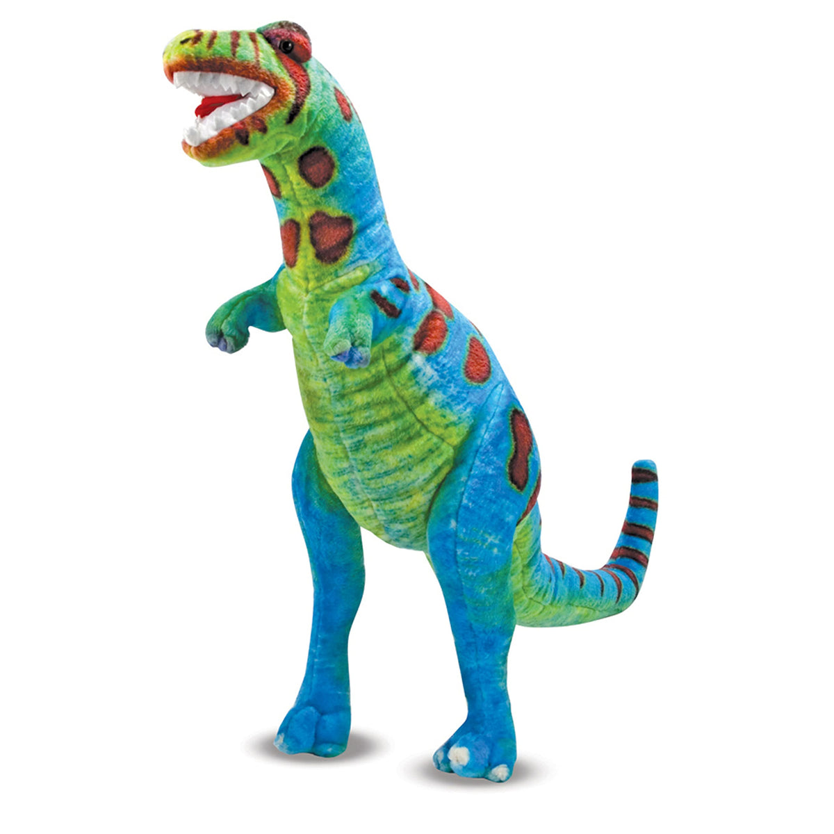 Melissa & Doug giant blue T-Rex plush stands tall for imaginative play.