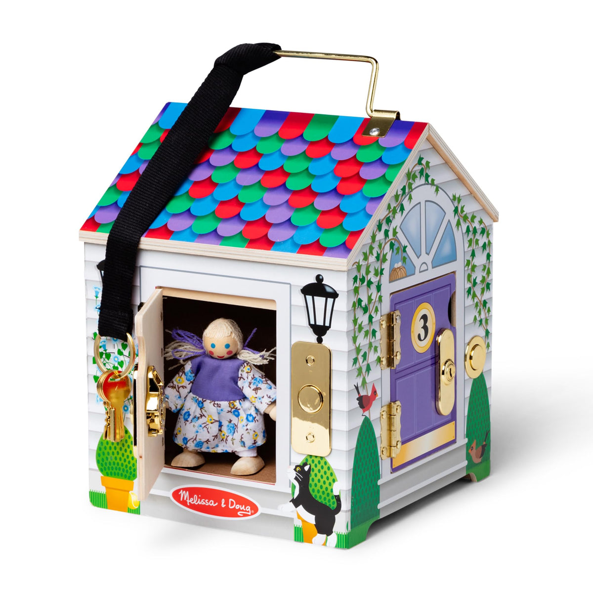 Melissa and Doug Take-Along Doorbell Dollhouse doors open on sturdy hinges