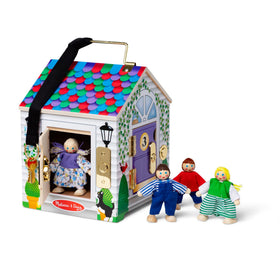 Melissa and Doug Take-Along Doorbell Dollhouse front view with four bells for pretend play