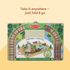 Melissa & Doug Take-Along Railroad travel mode with carrying handle enables on-the-go play.