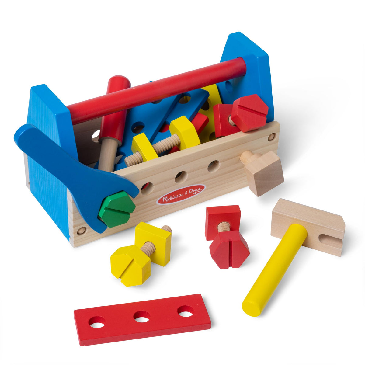 Melissa & Doug Take-Along Tool Kit wooden toolbox for imaginative construction play.