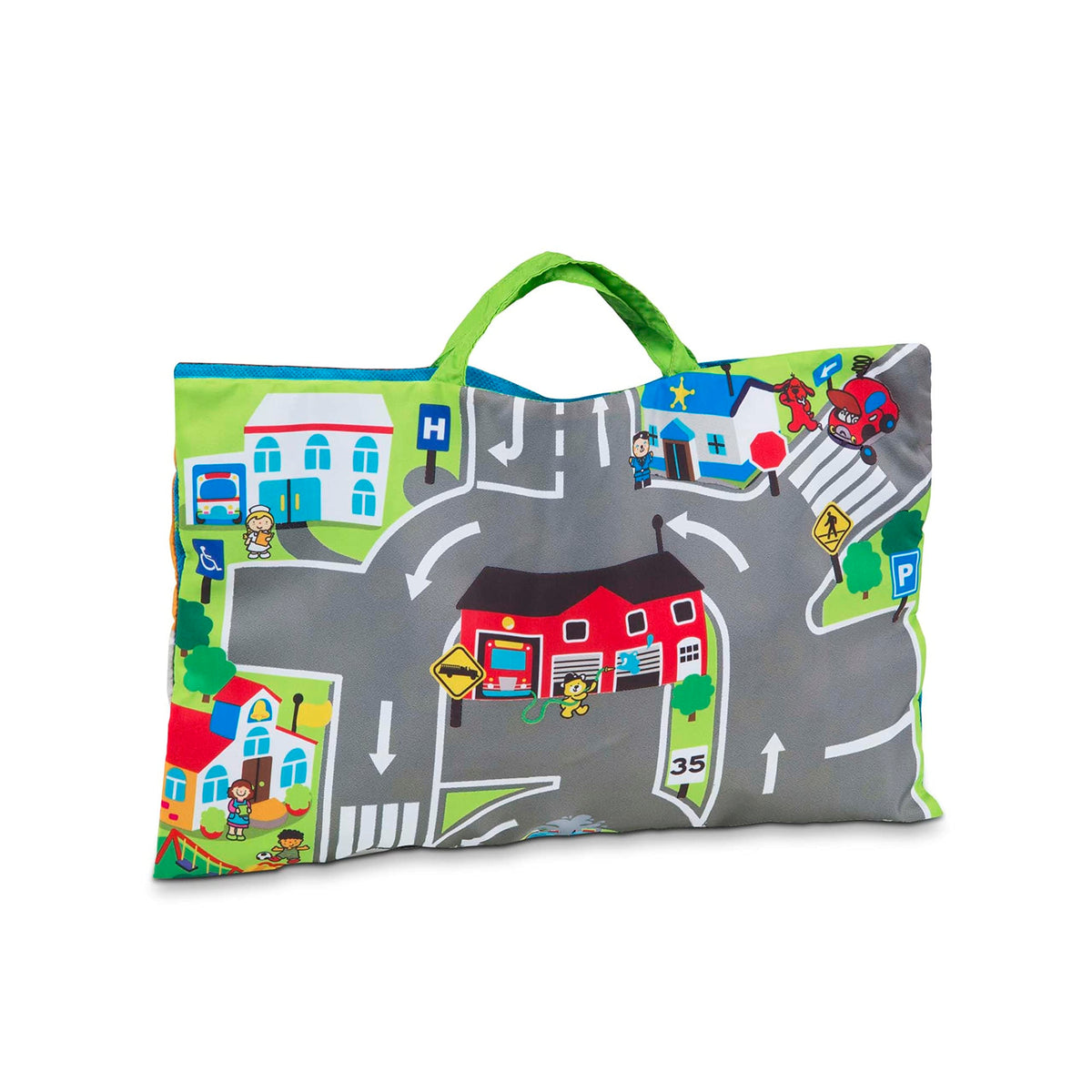 Melissa & Doug Take-Along Town Play Mat vehicle squeak and rattle for lively play cues.