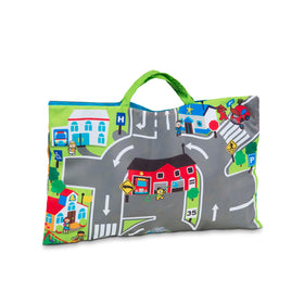 Melissa & Doug Take-Along Town Play Mat vehicle squeak and rattle for lively play cues.