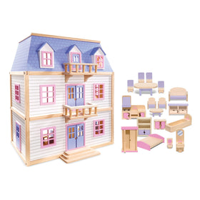 Melissa & Doug wooden three-level dollhouse assembled for imaginative, screen-free play.