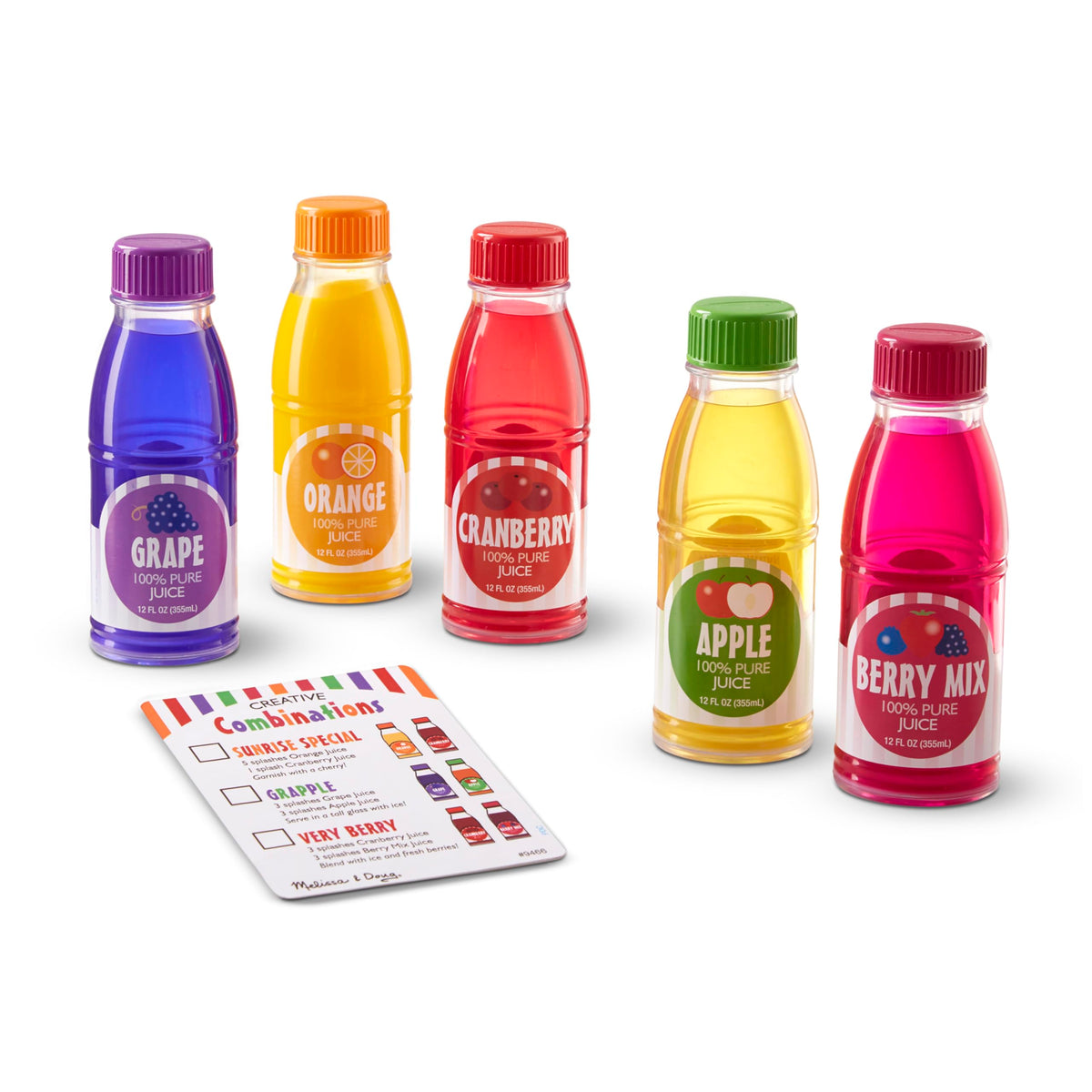 Melissa & Doug Tip & Sip grape juice bottle pour encourages imaginative play and color recognition.