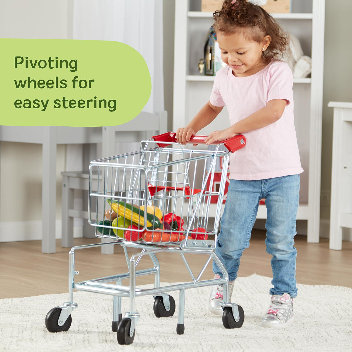 Melissa & Doug toy shopping cart push handle enabling easy steering for toddlers