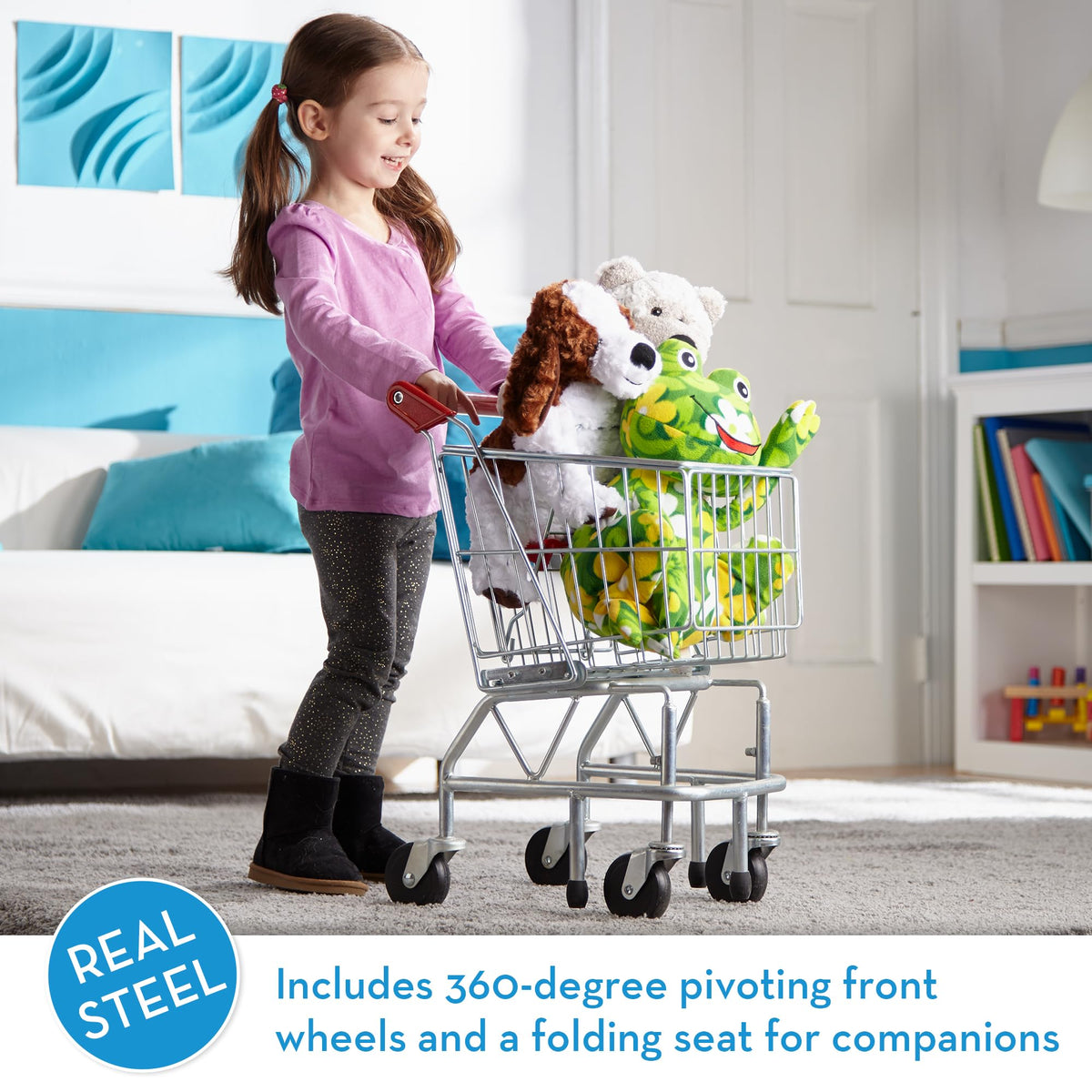 Melissa & Doug toy shopping cart pivoting wheels rolling smoothly during imaginative play