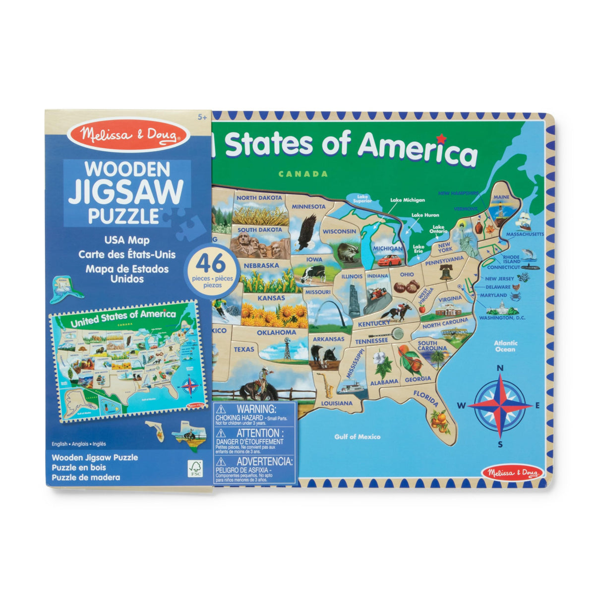 Melissa & Doug USA Map Puzzle back shows state facts for extended play.
