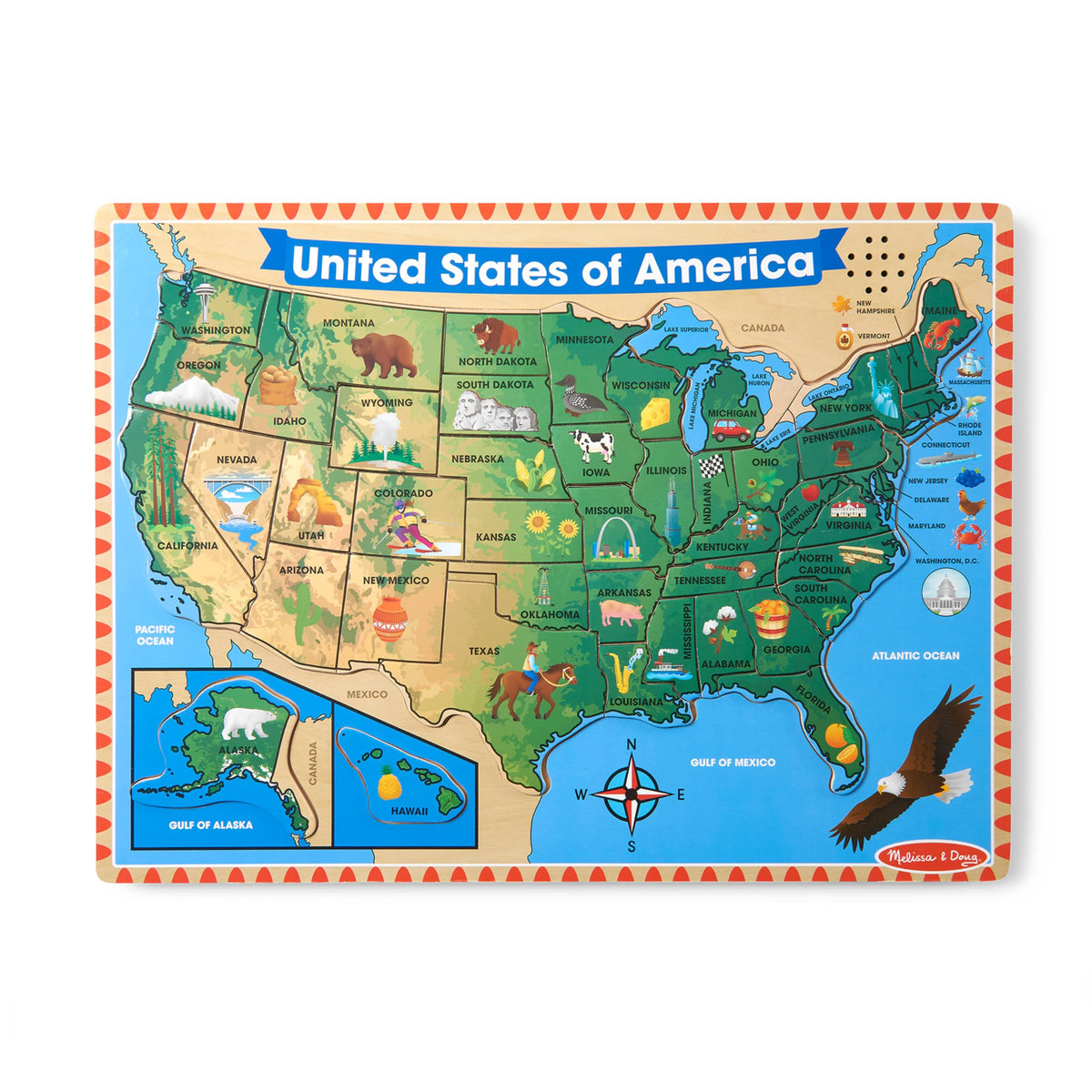 Melissa & Doug USA map sound puzzle board with state locations for learning.
