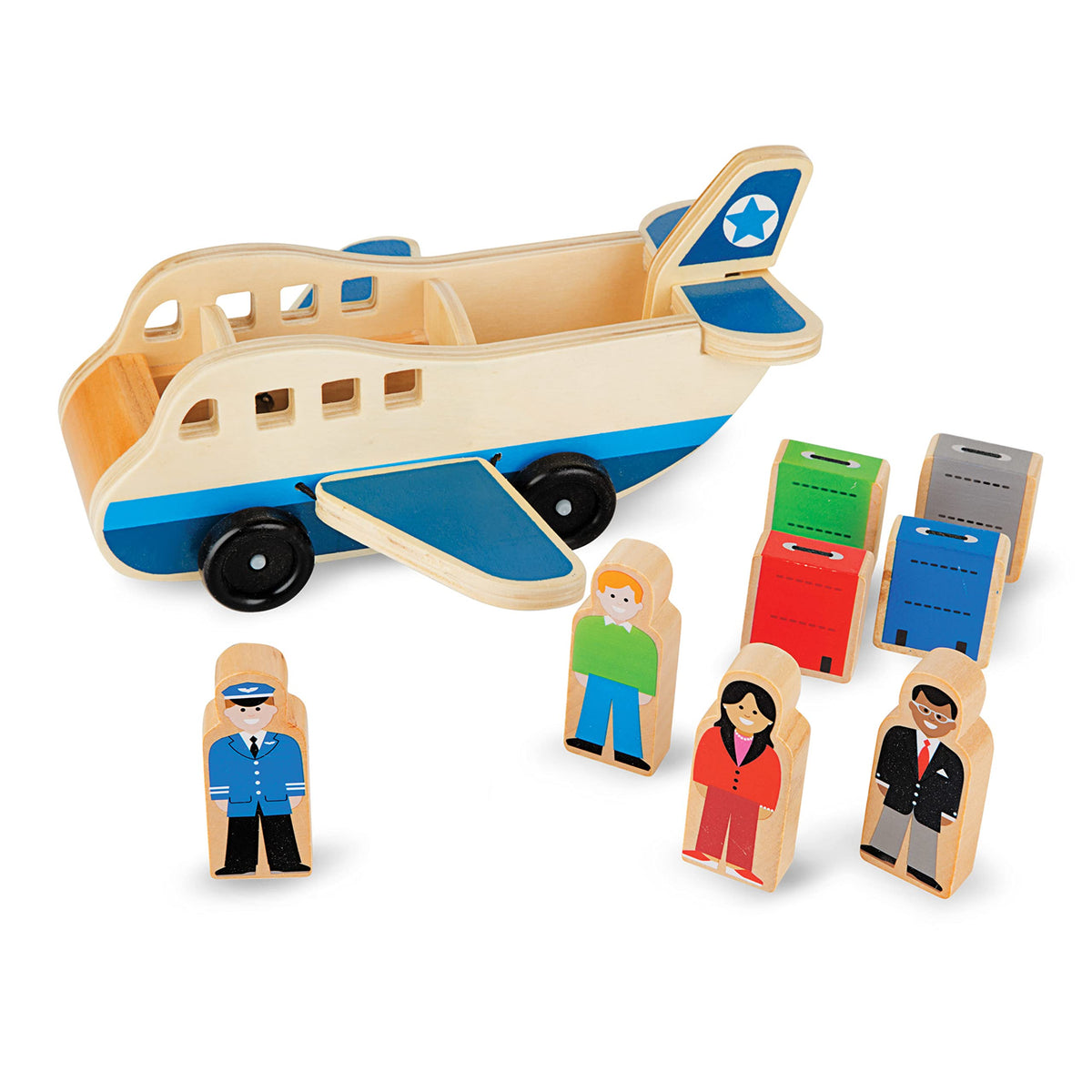 Melissa & Doug wooden airplane with four figures sparks imaginative pretend play.