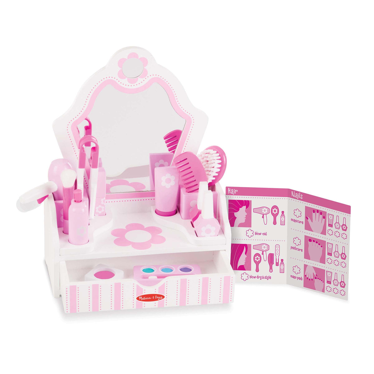 Melissa & Doug wooden beauty salon vanity for imaginative pretend play and fine motor practice.