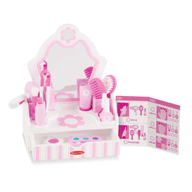 Melissa & Doug wooden beauty salon vanity for imaginative pretend play and fine motor practice.
