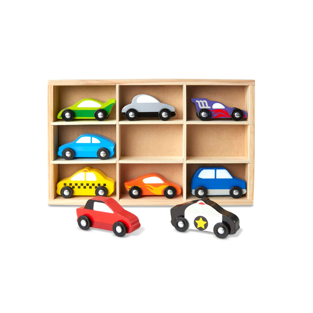 Melissa & Doug wooden cars set in a sturdy tray for organized play.