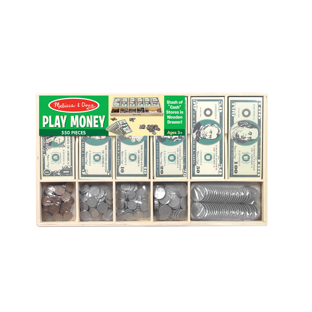 Melissa & Doug wooden cash drawer stores coins and bills with denomination labels.