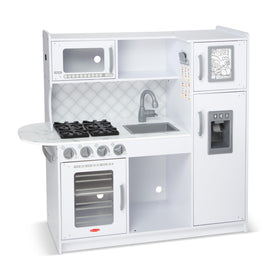 Melissa & Doug wooden chef’s kitchen ice dispenser in action for imaginative play.