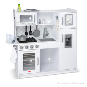 Melissa & Doug wooden chef’s kitchen microwave with turning plate for interactive play.
