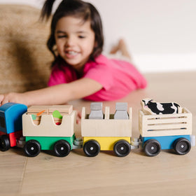 Melissa & Doug wooden farm train car 1 with interchangeable cargo for hands-on learning.