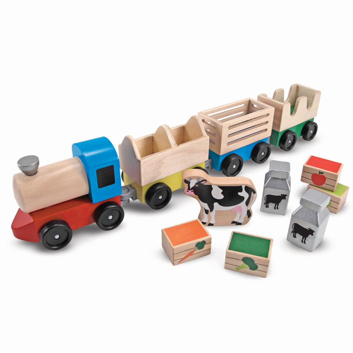 Melissa & Doug wooden farm train car 3—varied cargo inspires role-play scenarios.
