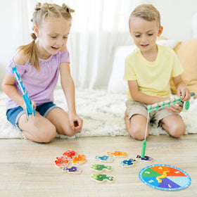 Melissa & Doug wooden fishing rods with wind-up reels in action