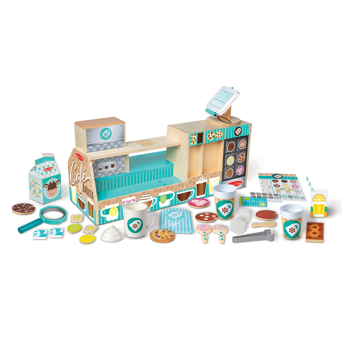 Melissa & Doug wooden frother adds creamy toppings to pretend lattes
