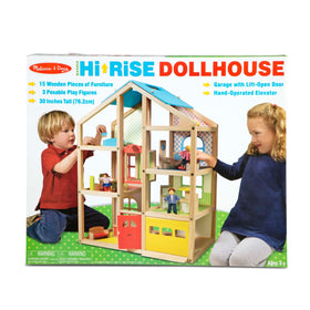 Melissa & Doug hi-rise dollhouse elevator in action for vertical play