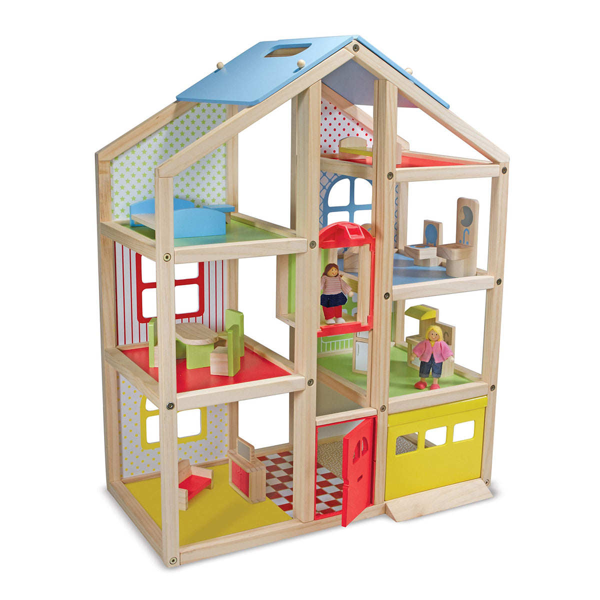 Melissa & Doug wooden hi-rise dollhouse exterior with open sides for easy play access