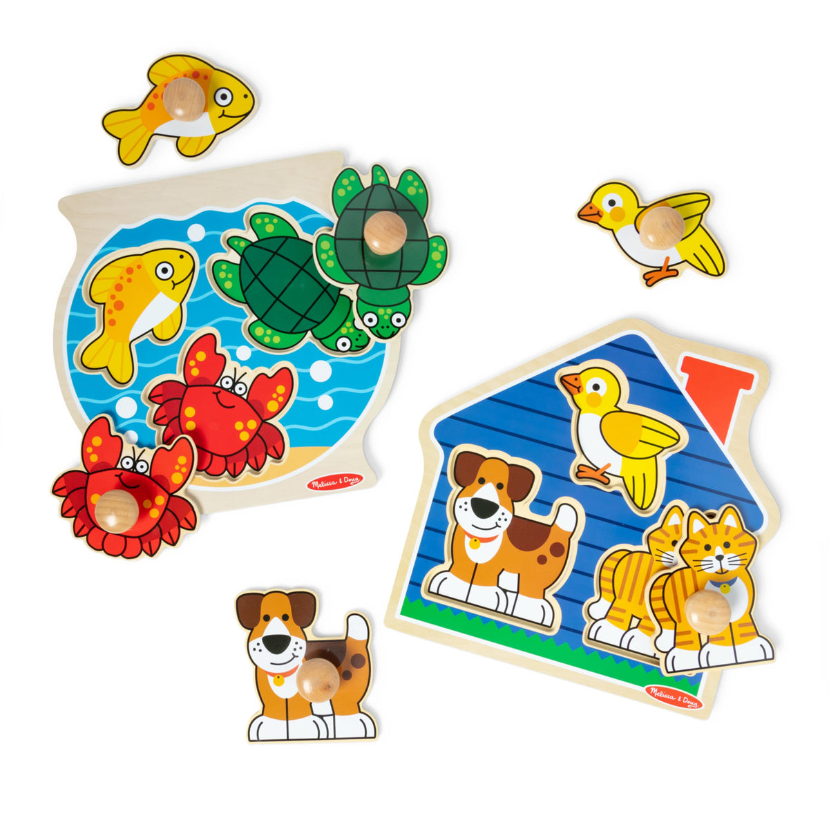 Melissa & Doug wooden jumbo peg puzzle House Pets board helps early shape matching.