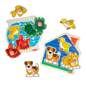 Melissa & Doug wooden jumbo peg puzzle House Pets board helps early shape matching.