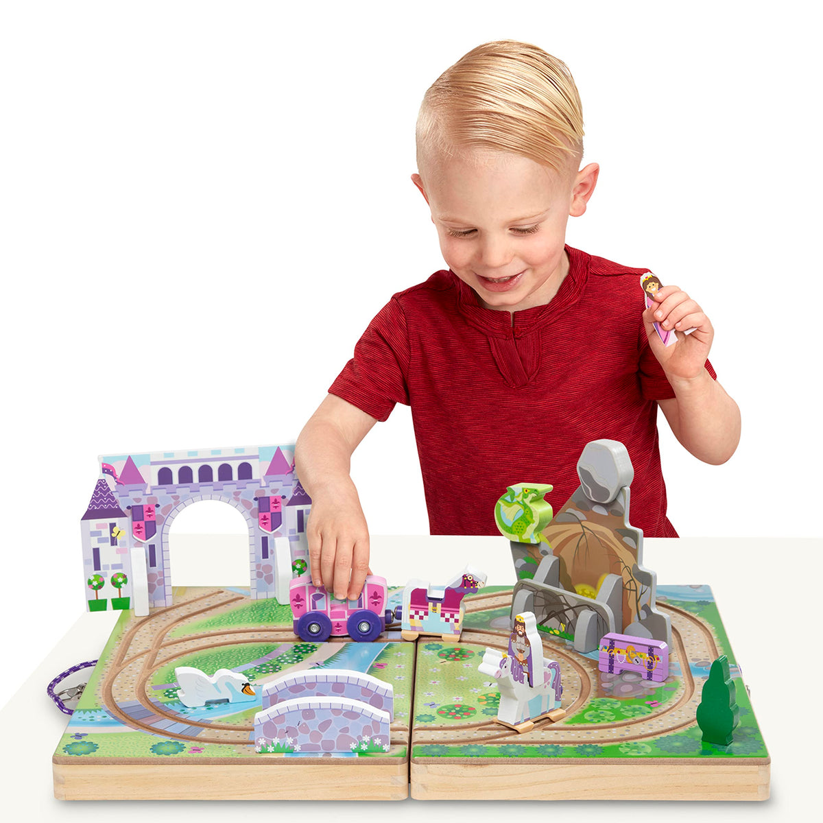 Melissa & Doug unicorn accompanies the carriage for magical pretend adventures.