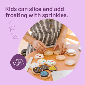 Melissa & Doug wooden knife for safe slicing of pretend cookies.