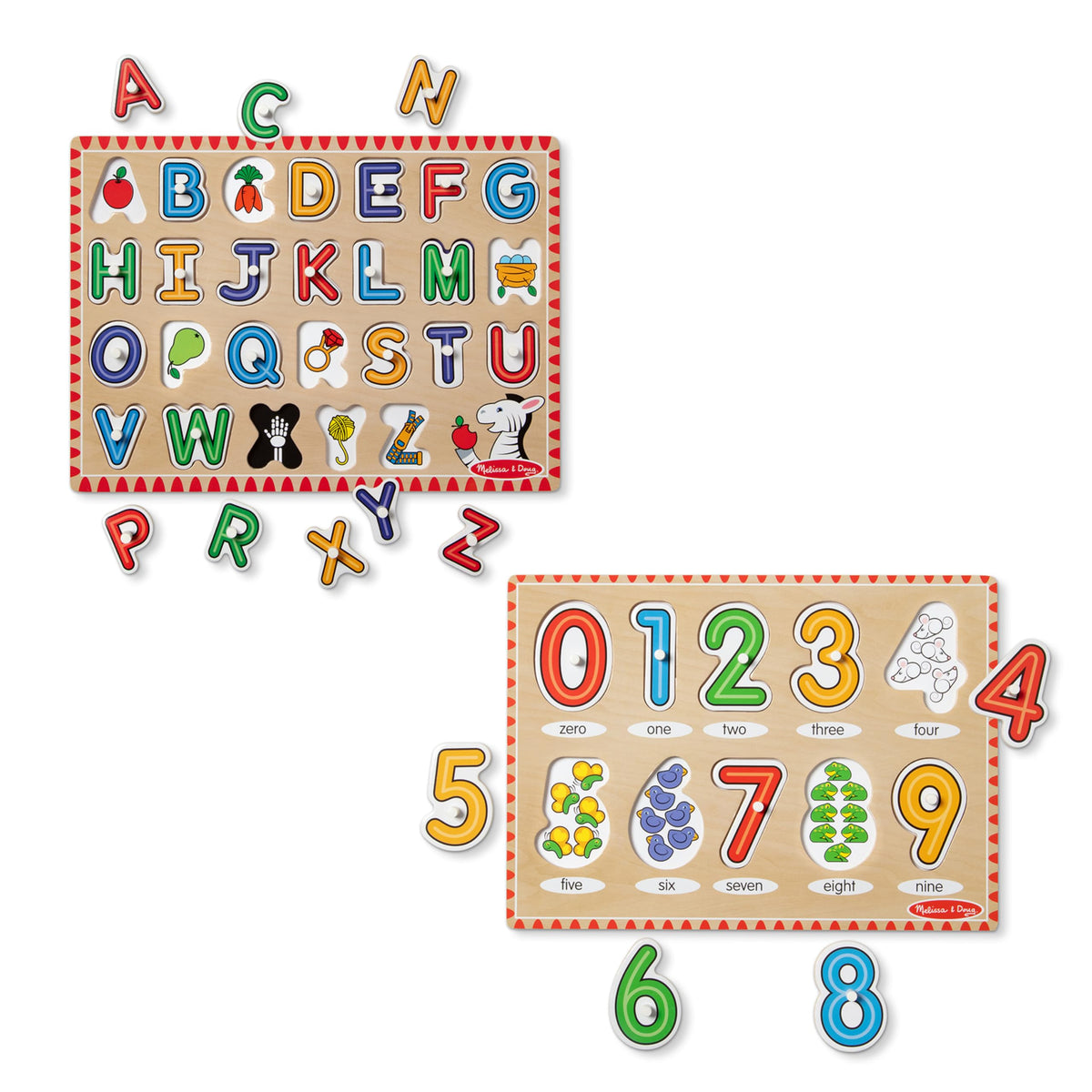 Melissa & Doug wooden Lift & See Alphabet puzzle shows letters with images to boost early literacy.
