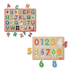 Melissa & Doug wooden Lift & See Alphabet puzzle shows letters with images to boost early literacy.