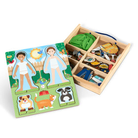 Wooden magnetic stands from Melissa & Doug stabilize figures during play.