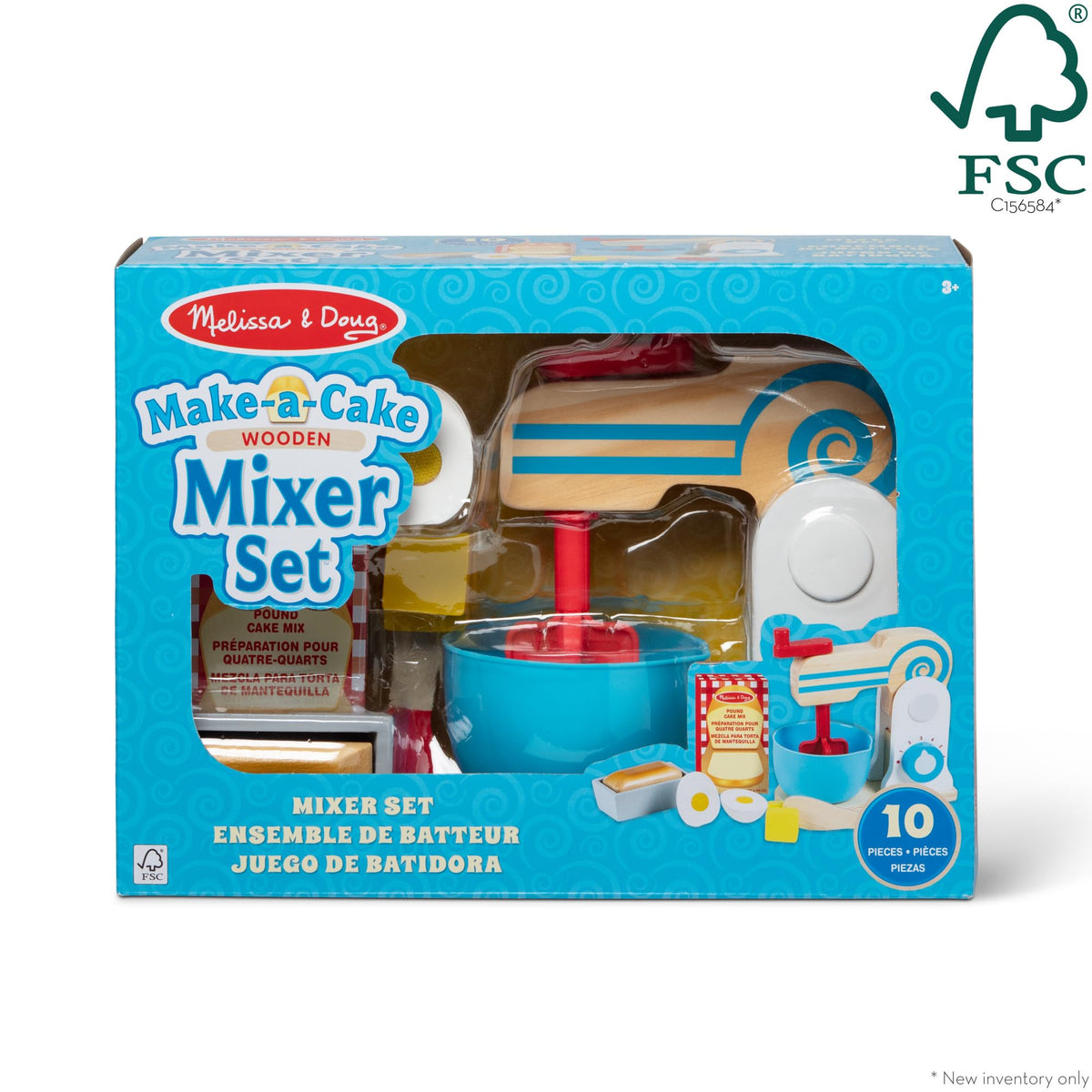 Melissa and Doug wooden make-a-cake mixer set dial and crank spins for realism.